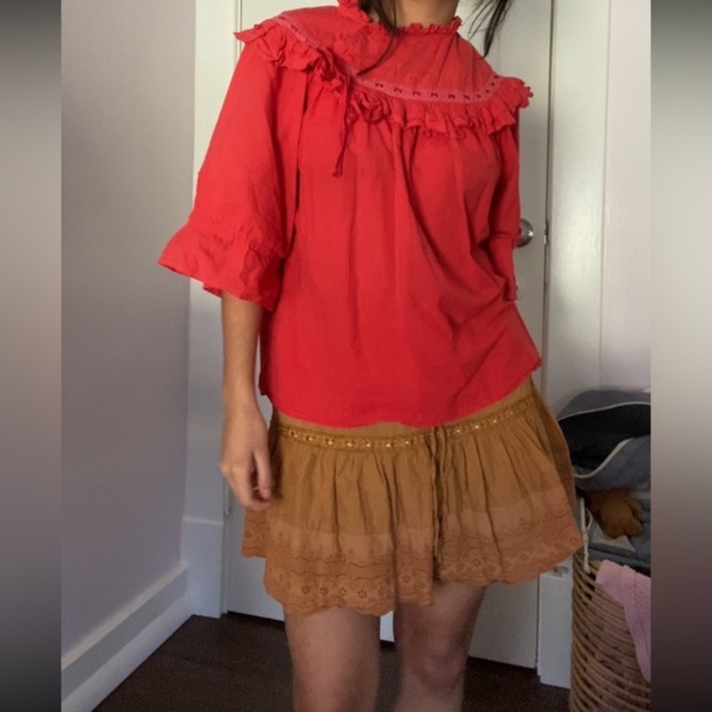 Brown ruffled‎ eyelet embroidered mini skirt